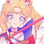  1girl bishoujo_senshi_sailor_moon blonde_hair blue_eyes blush body_piercing earrings gloves hair_buns hair_ornament jewelry long_hair magical_girl sailor_moon_(character) solo tsukino_usagi twinbuns twintails weapons 