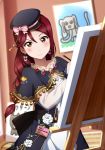  aida_rikako black_hat blurry blurry_background bow braid brooch brown_eyes canvas_(object) cape character_name corset dated earrings easel elephant flower frown gem half_updo hat hat_bow highres jewelry long_hair long_sleeves looking_at_viewer love_live! love_live!_school_idol_festival love_live!_sunshine!! name_tag painting_(object) red_hair robe sakurauchi_riko sash seiyuu_connection shiimai solo striped striped_bow tassel 