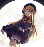  abigail_williams_(fate/grand_order) bangs black_bow black_dress black_hat blonde_hair bloomers blue_eyes bow bug butterfly closed_mouth commentary dress dutch_angle eyebrows_visible_through_hair fate/grand_order fate_(series) full_moon hair_bow hat insect keyhole kim_bae-eo long_hair long_sleeves looking_at_viewer moon object_hug orange_bow parted_bangs polka_dot polka_dot_bow sleeves_past_fingers sleeves_past_wrists solo stuffed_animal stuffed_toy teddy_bear underwear very_long_hair white_bloomers 