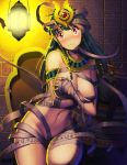 1girl bandage blush breasts closed_mouth crying egyptian embarrassed female green_hair hand_on_breasts jewelry lantern large_breasts looking_at_viewer monster_girl mummy navel nude original red_eyes runes sarcophagus tears thighhighs 