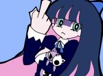  animal_ears artist_request bangs blue_background blue_dress blue_hair blunt_bangs bow cat_ears commentary_request doll dress gothic hair_bow hand_up highres holding holding_doll honekoneko_(psg) long_hair long_sleeves looking_at_viewer middle_finger multicolored_hair panty_&amp;_stocking_with_garterbelt simple_background solo source_request stocking_(psg) third-party_edit 