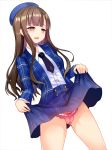  ass_visible_through_thighs bad_id bad_pixiv_id bangs beret black_neckwear blue_hat blue_jacket blue_skirt blunt_bangs bow bow_panties breasts brown_eyes brown_hair buttons cameltoe collared_shirt commentary_request dress_shirt dutch_angle eyebrows_visible_through_hair from_below half-closed_eyes hat head_tilt highres idolmaster idolmaster_cinderella_girls jacket legs_apart lifted_by_self lipstick long_hair long_sleeves looking_down makeup medium_skirt mizumoto_yukari necktie okuri_banto open_clothes open_jacket open_mouth panties parted_bangs pink_bow pink_lipstick pink_panties shiny shiny_hair shirt sidelocks simple_background skirt skirt_lift small_breasts smile solo standing striped striped_jacket striped_skirt treble_clef underwear white_background white_shirt 