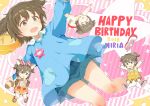  2018 :d akagi_miria bangs blue_shirt blue_skirt blush brown_eyes brown_hair character_name commentary_request eyebrows_visible_through_hair gomennasai hair_between_eyes happy_birthday idolmaster idolmaster_cinderella_girls kindergarten_uniform long_sleeves open_mouth pleated_skirt polka_dot polka_dot_background puffy_long_sleeves puffy_sleeves shirt shoes shoes_removed skirt smile socks solo star striped striped_background upper_teeth uwabaki vertical-striped_background vertical_stripes white_footwear white_legwear 