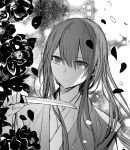  commentary_request dagger eyebrows_visible_through_hair fate/grand_order fate_(series) flower greyscale hair_between_eyes holding holding_knife holding_weapon japanese_clothes knife long_hair male_focus monochrome oda_nobukatsu_(fate/grand_order) petals rioka_(southern_blue_sky) rose_petals solo tantou upper_body weapon 
