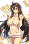  arms_up bare_shoulders bikini breasts brown_hair cleavage ecell grin highres iris_yuma large_breasts light_blush long_hair looking_at_viewer meme_attire navel pulled_by_self red_eyes smile solo soul_worker strap_lift strap_pull swimsuit virgin_killer_sweater w_arms wardrobe_error 