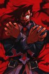  bat beard coat collared_shirt commentary facial_hair fingernails guilty_gear hands_up hankuri long_sleeves looking_at_viewer male_focus monocle mustache necktie red_background red_hair red_neckwear shirt slayer_(guilty_gear) solo upper_body wing_collar 
