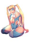  blonde_hair blue_eyes blue_leotard breasts commentary_request domino_mask heart_cutout kneeling large_breasts leotard mask messatsu_tan muscle muscular_female rainbow_mika seiza sitting street_fighter street_fighter_v thick_thighs thighs twintails wrestling_mask wrestling_outfit 