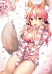  :d animal_ears artist_name bangs bare_shoulders between_legs black_scrunchie blush bow bow_bra bra breasts brown_eyes cherry_blossoms cleavage collarbone commentary eyebrows_visible_through_hair fang fate/extra fate_(series) flower fox_ears fox_girl fox_tail hair_between_eyes hair_ornament hair_scrunchie hand_between_legs hand_in_hair hand_up jacket large_breasts long_hair long_sleeves looking_at_viewer low_twintails off_shoulder open_clothes open_jacket open_mouth partially_unzipped petals pinb pink_bra pink_flower pink_hair scrunchie smile solo striped striped_jacket tail tamamo_(fate)_(all) tamamo_no_mae_(fate) twintails underwear 