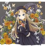  abigail_williams_(fate/grand_order) absurdres bangs black_bow black_dress black_hat blonde_hair blue_eyes blush bow brown_flower bug butterfly check_commentary closed_mouth commentary_request dress eyebrows_visible_through_hair fate/grand_order fate_(series) flower forehead grey_background hair_bow hana_pur24 hat highres insect long_hair long_sleeves object_hug orange_bow orange_flower parted_bangs polka_dot polka_dot_bow sleeves_past_fingers sleeves_past_wrists solo stuffed_animal stuffed_toy suction_cups teddy_bear tentacles very_long_hair yellow_flower 