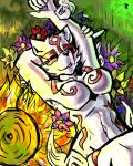  2018 amaterasu anthro anthrofied breasts canine capcom deity digital_media_(artwork) duo female fire flower fur issun male mammal manpersonguy markings mrease nude plant poncle raised_arm sleeping smile stretching video_games white_fur wolf ōkami 