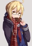  absurdres ahoge artoria_pendragon_(all) blonde_hair chocolate eyebrows_visible_through_hair fate/grand_order fate_(series) glasses hair_bun highres holding long_sleeves looking_at_viewer mysterious_heroine_x_(alter) plaid plaid_scarf red_scarf scarf school_uniform semi-rimless_eyewear serafuku solo under-rim_eyewear upper_body yellow_eyes yizhihe_feiji 