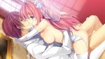  1boy 1girl arms_around_neck ass belly_button breasts clothed lotus_position nipples pink_hair romantic smile straddling sweat veil wedding 