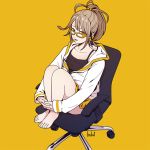  artist_name bangs bare_legs barefoot brown_hair chair feet feet_on_chair full_body glasses hands_together harada_yuuichi hood hooded_jacket hoodie jacket knees_up leg_hug legs_together light_brown_hair long_sleeves looking_at_viewer miniskirt office_chair open_mouth orange_eyes original ponytail simple_background sitting skirt solo tank_top white_jacket yellow-framed_eyewear yellow_background yellow_skirt 