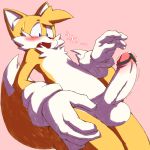  2018 anthro balls blue_eyes blush canine censor_bar censored clothing dipstick_tail erection fox fur giga_(artist) gloves japanese_text male mammal miles_prower mostly_nude multicolored_tail open_mouth pink_background simple_background solo sonic_(series) standing text white_fur yellow_fur 