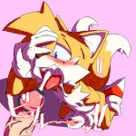  2018 anthro blue_eyes blush brown_nose canine censor_bar censored cum cum_in_mouth cum_inside disembodied_penis duo fox fur giga_(artist) japanese_text kneeling male male/male mammal masturbation miles_prower mostly_nude open_mouth penis pink_background simple_background solo_focus sonic_(series) text tongue tongue_out white_fur yellow_fur 