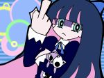  animal_ears bangs blue_background blue_dress blue_hair blunt_bangs bow cat_ears commentary_request doll dress gothic hair_bow hand_up holding holding_doll honekoneko_(psg) long_hair long_sleeves looking_at_viewer lusia middle_finger multicolored_hair panty_&amp;_stocking_with_garterbelt solo stocking_(psg) 