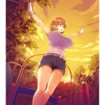  1girl arms_up bangs belt bow breasts brown_eyes brown_hair dutch_angle female gloves hairpin highres huge_breasts impossible_clothes impossible_shirt jean_shorts jeans leaf legs narusawa_ryouka occultic;nine open_mouth orange orange_sky outdoors outstretched_arms shirt short_hair short_sleeves shorts sky standing sunset trees white_gloves 