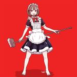  apron barefoot broom brown_hair commentary harada_yuuichi maid maid_apron maid_headdress original puffy_short_sleeves puffy_sleeves red_background red_eyes short_hair short_sleeves solo 