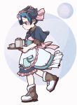  absurdres apron blue_eyes blue_hair boots capelet commentary_request cup dress from_side hairband highres holding looking_down made_in_abyss maid male_focus maruruk otoko_no_ko pouch puffy_short_sleeves puffy_sleeves short_sleeves solo standing standing_on_one_leg tray usuki_(usukine1go) walking 