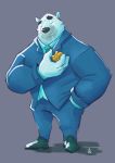  2016 anthro bear black_nose blue_fur clothed clothing colored_sketch dress_shirt eyebrows eyes_closed footwear front_view full_portrait fully_clothed fur grey_background hand_in_pocket hi_res jacket malcus_pine male mammal misterbunny56 pants polar_bear shirt shoes simple_background smile standing suit 