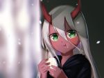  :t blurry blurry_background blush child closed_mouth darling_in_the_franxx depth_of_field eating food food_on_face green_eyes hair_between_eyes highres holding holding_food long_hair looking_at_viewer oni oni_horns onigiri petals red_skin robe samsafe silver_hair solo spoilers straight_hair tareme two-handed upper_body wavy_mouth zero_two_(darling_in_the_franxx) 