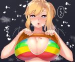  :o bangs bare_arms bikini bikini_top bikini_under_clothes black_background blonde_hair blue_eyes blush breasts bright_pupils cleavage collarbone eart eyebrows_visible_through_hair half-closed_eyes heart idolmaster idolmaster_cinderella_girls large_breasts long_hair looking_at_viewer motion_lines multicolored multicolored_bikini multicolored_clothes naughty_face nose_blush ootsuki_yui open_mouth ponytail shiny shiny_hair sidelocks signum_(nanohanano77) simple_background sleeveless solo sparkle steaming_body sweat swept_bangs swimsuit translation_request upper_body 