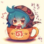  1girl bangs blue_hair blush bow brown_eyes chibi cup eyebrows_visible_through_hair hair_between_eyes hood hoodie in_container in_cup japari_symbol kemono_friends looking_at_viewer muuran open_mouth pink_bow signature snake_tail solo striped_hoodie striped_tail sweat tail translation_request tsuchinoko_(kemono_friends) wavy_mouth 