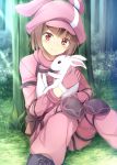  aikawa_tatsuki animal animal_ears animal_hat animal_hug bangs black_footwear blush boots brown_eyes brown_hair bunny bunny_ears bunny_hat cabbie_hat closed_mouth commentary_request cross-laced_footwear day eyebrows_visible_through_hair forest gloves grass hat head_tilt highres jacket lace-up_boots llenn_(sao) long_sleeves looking_at_viewer nature on_grass outdoors pants pink_gloves pink_hat pink_jacket pink_pants sitting smile solo sunlight sword_art_online sword_art_online_alternative:_gun_gale_online tree 