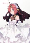  bad_id bad_twitter_id bangs blue_eyes blush breasts cleavage closed_mouth commentary_request dress fate/apocrypha fate_(series) flower frankenstein's_monster_(fate) gloves hair_flower hair_ornament hair_over_eyes headgear heterochromia highres horn ikeuchi_tanuma long_dress looking_at_viewer medium_breasts parted_bangs red_hair rose short_hair skirt_hold solo standing twitter_username veil wedding_dress white_dress white_flower white_gloves white_rose yellow_eyes 
