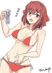 ass_visible_through_thighs bangs bikini breasts brown_eyes brown_hair cleavage collarbone commentary_request condom condom_packet_strip condom_wrapper cowboy_shot dutch_angle eyebrows_visible_through_hair girls_und_panzer hand_under_clothes hand_under_swimsuit headband heart highleg highleg_bikini highres holding holding_condom kondou_taeko layered_bikini looking_at_viewer medium_breasts navel open_mouth red_bikini red_headband saku_(saku1151) short_hair side-tie_bikini simple_background smile solo standing swimsuit translation_request twitter_username wet white_background 