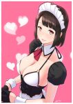  apron ascot bangs black_skirt blunt_bangs blush bra breasts brown_hair eyebrows_visible_through_hair gloves half_gloves heart high-waist_skirt large_breasts looking_at_viewer maid maid_apron maid_headdress nanahime original parted_lips pink_background pink_eyes puffy_short_sleeves puffy_sleeves red_neckwear short_hair short_sleeves signature simple_background skirt smile solo underwear white_apron white_bra wrist_cuffs 
