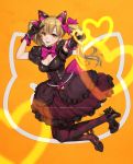  :d animal_ears argyle argyle_legwear arm_up bangs black_cat_d.va black_dress black_footwear blonde_hair blush bow bowtie bracelet breasts brown_eyes cat_ears cleavage cleavage_cutout corset d.va_(overwatch) dazed dress earrings efmoe english eyebrows_visible_through_hair fake_animal_ears finger_gun frilled_dress frills full_body gothic_lolita hair_bow heart heart_earrings high_heels jewelry layered_dress lolita_fashion long_hair looking_at_viewer medium_breasts open_mouth orange_background outstretched_arm overwatch pantyhose pearl_bracelet pink_bow pink_neckwear puffy_short_sleeves puffy_sleeves short_sleeves signature smile solo v 