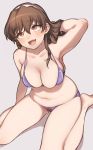  adjusting_hair ashigara_(kantai_collection) ass_visible_through_thighs belly bikini blush bow_bikini breasts brown_eyes brown_hair cleavage collarbone commentary_request fangs grey_background highres ikarin kantai_collection large_breasts long_hair plump sitting skindentation solo strap_gap swimsuit yokozuwari 