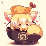  :3 =_= animal_ear_fluff animal_ears bangs bow chibi closed_eyes closed_mouth elbow_gloves eyebrows_visible_through_hair facing_viewer fennec_(kemono_friends) food food_on_head fox_ears fox_girl fox_tail gloves hair_between_eyes heart in_container japari_symbol kemono_friends light_brown_hair multicolored_hair muuran object_on_head orange_bow signature solo sparkle tail tempura translation_request two-tone_hair white_hair yellow_gloves 