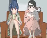  absurdres bangs barefoot black_hair blue_hair blunt_bangs coffee_mug commentary couch crossed_arms crossover cup expressionless eyebrows_visible_through_hair feet_out_of_frame frown green_hoodie hair_bun highres indoors kao_(user_rvtc2723) kobuchizawa_shirase leg_hug long_hair looking_at_viewer mug multiple_girls nightgown object_hug on_couch purple_eyes season_connection shima_rin short_hair sidelocks sitting sora_yori_mo_tooi_basho stuffed_animal stuffed_penguin stuffed_toy tearing_up wavy_mouth yurucamp 