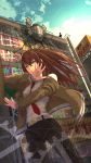  &gt;:) absurdres arm_belt bakanoe bangs belt between_breasts black_shorts blue_sky breast_pocket breasts bright_pupils brown_hair brown_jacket buckle building city closed_mouth cloud day dutch_angle eyebrows_visible_through_hair from_below hair_between_eyes highres jacket long_hair long_sleeves makise_kurisu medium_breasts necktie necktie_between_breasts off_shoulder okabe_rintarou open_clothes open_jacket outdoors pantyhose pantyhose_under_shorts pocket purple_eyes red_neckwear ringed_eyes satellite shirt short_shorts shorts silhouette sky smug solo_focus steins;gate straight_hair v-shaped_eyebrows very_long_hair white_shirt 