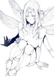  antennae barefoot breasts closed_mouth commentary fewer_digits grey_sclera greyscale highres insect_girl joints knees_up large_breasts long_hair looking_at_viewer monochrome monster_girl multiple_arms nakamura_regura no_pupils original sitting solo wings 