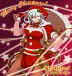  1girl artist_name bell blue_eyes blue_hair bow breasts character_name christmas christmas_ornaments cleavage echidna_(fire_emblem) fire_emblem fire_emblem:_fuuin_no_tsurugi fire_emblem_heroes fur_trim gloves hat highres large_breasts lavillardia leaf lips long_hair merry_christmas one_eye_closed pantyhose red_background santa_costume santa_hat simple_background solo star teeth 