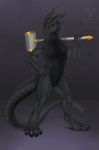  2018 5_fingers anthro blue_eyes curved_horn digital_media_(artwork) dragon featureless_crotch holding_object holding_weapon male minerea nude pinkdragonlove simple_background solo standing weapon 