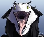  2018 black_fur black_lips drooling fangs female fluffy fur green_eyes hair horn jeany545 jewelry long_hair looking_at_viewer open_maw saliva sergal snowly solo teeth throat tongue white_fur 