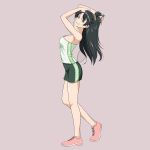  adjusting_hair arched_back badminton_racket bare_shoulders black_hair breasts camisole character_request from_side full_body green_eyes grin hair_ornament hairclip hand_on_own_head hanebado! head_back holding_racket kito_3_tyoki-tyoki long_hair looking_at_viewer medium_breasts miniskirt pink_footwear racket simple_background skirt smile solo standing 