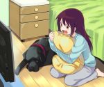  :d animal aqua_shirt bangs barefoot bed_sheet bedroom bedside blue_shirt blush brown_eyes brown_hair clenched_hand collar commentary_request denchuubou dog drawer excited grey_pants indoors long_hair long_sleeves looking_to_the_side on_floor one_eye_closed open_mouth original pants pet pillow pillow_hug red_collar seiza shirt sitting smile sweatpants sweatshirt television v-shaped_eyebrows wooden_floor 