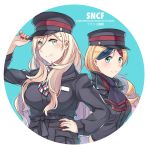  alternate_costume black_hat blonde_hair blue_eyes blue_hair brown_nails buttons commandant_teste_(kantai_collection) commentary hat ido_(teketeke) kantai_collection long_hair long_sleeves mole mole_under_eye mole_under_mouth multicolored_hair multiple_girls nail_polish peaked_cap red_hair richelieu_(kantai_collection) smile sncf streaked_hair translated white_hair yellow_eyes 