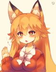  animal_ear_fluff animal_ears bangs blush bow breasts collared_jacket eyebrows_visible_through_hair ezo_red_fox_(kemono_friends) fox_ears hair_between_eyes hand_up highres jacket kemono_friends large_breasts long_hair long_sleeves muuran open_mouth orange_eyes orange_hair orange_jacket signature sleeves_past_wrists solo translation_request very_long_hair white_bow 