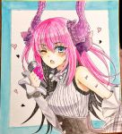  ;o bangs bare_shoulders blush breasts curled_horns detached_sleeves dragon_horns elizabeth_bathory_(fate) elizabeth_bathory_(fate)_(all) eyebrows_visible_through_hair fang fate/extra fate/extra_ccc fate_(series) hair_between_eyes hair_ribbon heart highres holding holding_microphone horns long_hair long_sleeves looking_at_viewer marker_(medium) microphone one_eye_closed parted_lips photo purple_ribbon ribbon shikishi shirt sidelocks sleeveless sleeveless_shirt sleeves_past_wrists small_breasts solo tanaji traditional_media two_side_up very_long_hair 