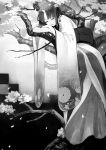  bangs branch cherry_blossoms closed_eyes closed_mouth floral_print greyscale hair_ribbon highres horn japanese_clothes kimono long_sleeves monochrome obi oni oni_horn original parted_bangs ribbon romiy sash short_hair sleeping smile solo wide_sleeves 