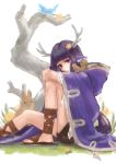  absurdres animal animal_ears animal_on_shoulder antlers bangs bird blunt_bangs bunny cloak closed_mouth crying crying_with_eyes_open from_side highres hood hood_down hooded_cloak knee_up leg_hug long_hair looking_at_viewer original purple_eyes purple_hair romiy sad sandals squirrel tears tree white_background 