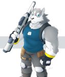  2018 anthro biceps big_muscles canine clothing digital_media_(artwork) dog fur gloves greydaboy gun hi_res husky male mammal muscular muscular_male necktie pecs ranged_weapon simple_background weapon 