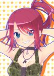  :d armpits arms_behind_head arms_up bang_dream! bangs bare_arms bare_shoulders black_choker blue_eyes blush bra_strap breast_pocket breasts camouflage choker cleavage collarbone earrings eyebrows_visible_through_hair grin hair_over_one_eye highres infinity jewelry looking_at_viewer necklace open_mouth pendant pocket ponytail red_hair short_hair sidelocks small_breasts smile solo star starry_background swept_bangs teeth tsurugi_hikaru udagawa_tomoe upper_body 