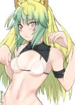  ahoge animal_ears armlet armpits atalanta_(fate) bangs bikini blonde_hair blush breasts cat_ears collarbone commentary_request detached_collar eyebrows_visible_through_hair fate/apocrypha fate/grand_order fate_(series) frown green_eyes green_hair highres long_hair looking_at_viewer medium_breasts multicolored_hair saku_(saku1151) simple_background solo standing swimsuit twitter_username two-tone_hair upper_body white_background white_bikini 
